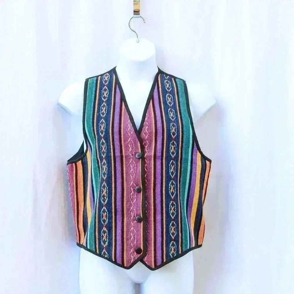Vtg Boom Carpet Vest Cotton Waistcoat Large Made Nepal Unisex Hippie Boho Grunge